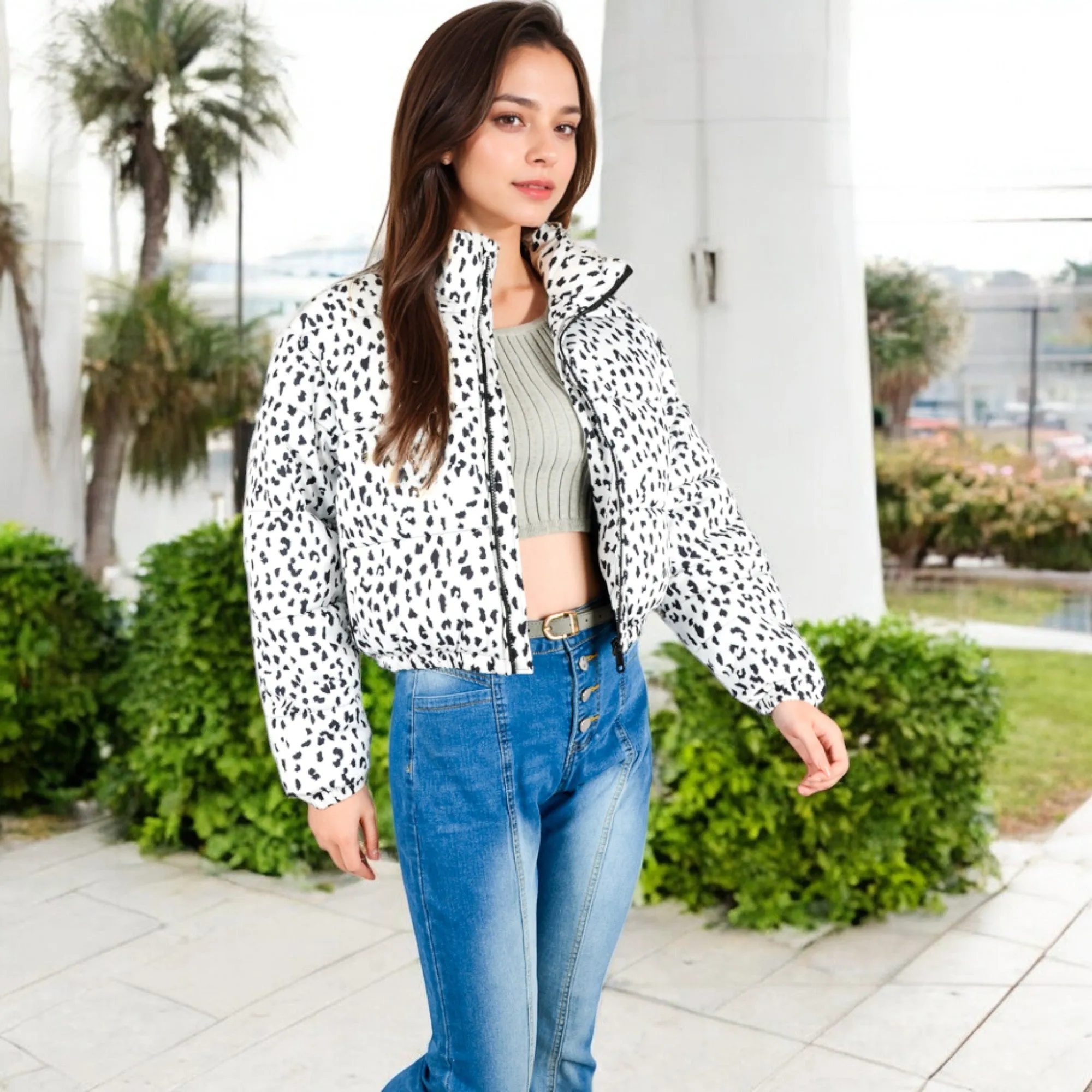 Anna-Kaci Women's Cropped Puffer Jacket with Animal Print and High Collar