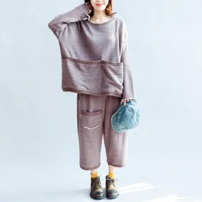 autumn light purple casual cotton knit tops and casual knit crop pants plus size pockets sport suit