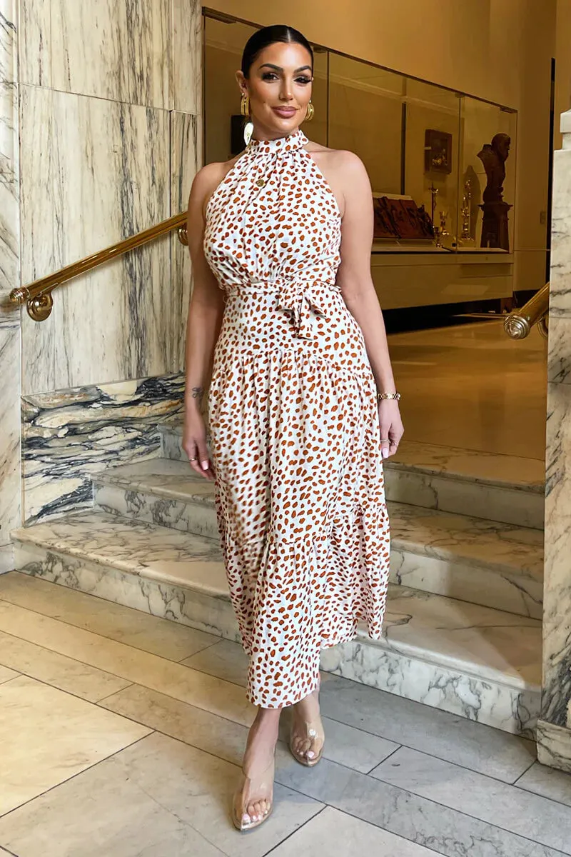 AX PARIS CREAM AND BROWN PRINT HIGH NECK TIE BELT MIDI DRESS