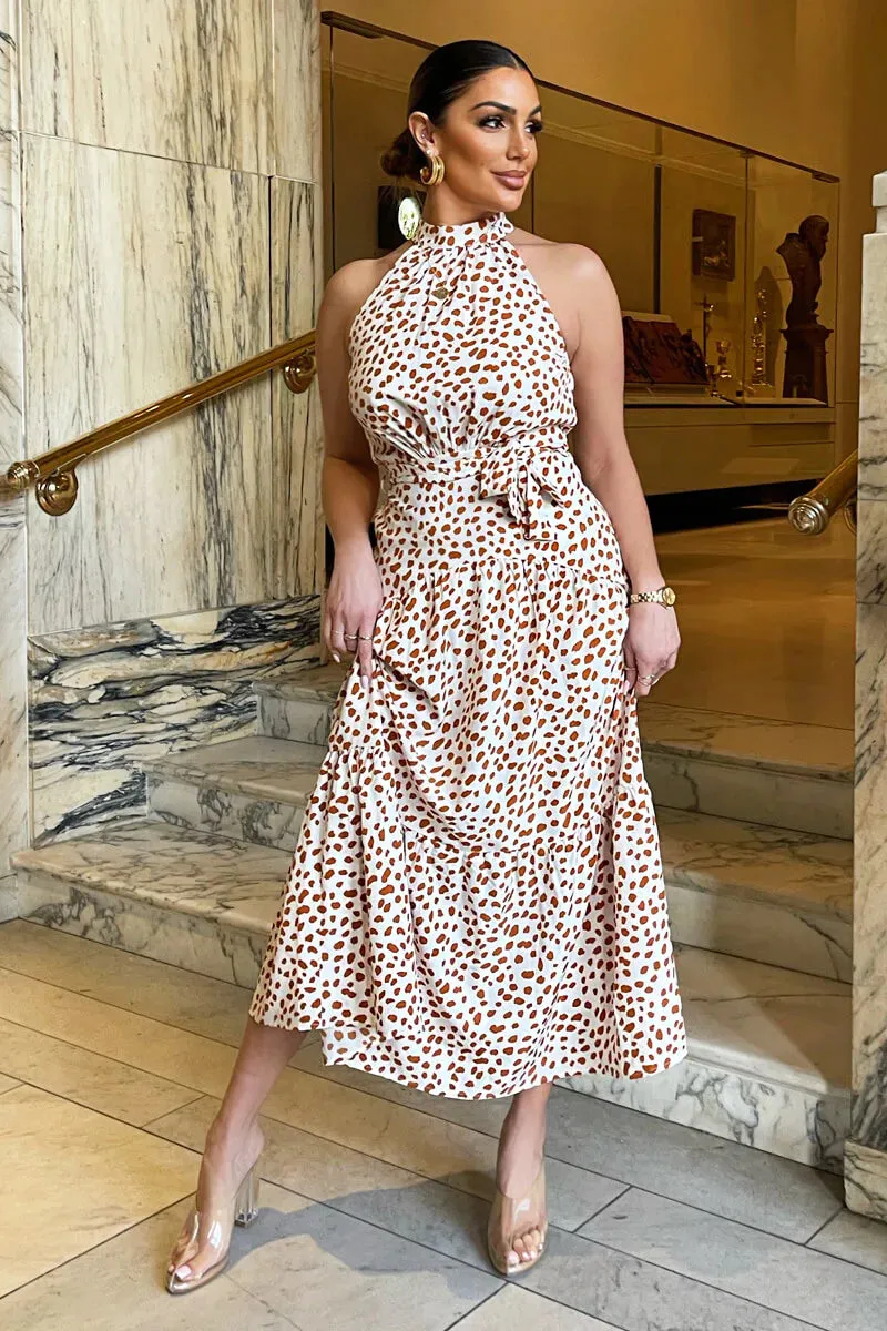 AX PARIS CREAM AND BROWN PRINT HIGH NECK TIE BELT MIDI DRESS