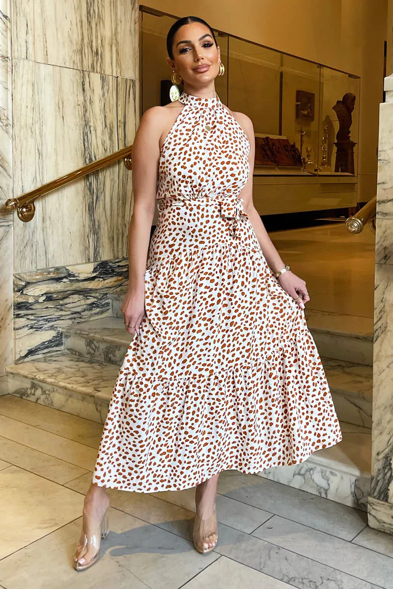 AX PARIS CREAM AND BROWN PRINT HIGH NECK TIE BELT MIDI DRESS
