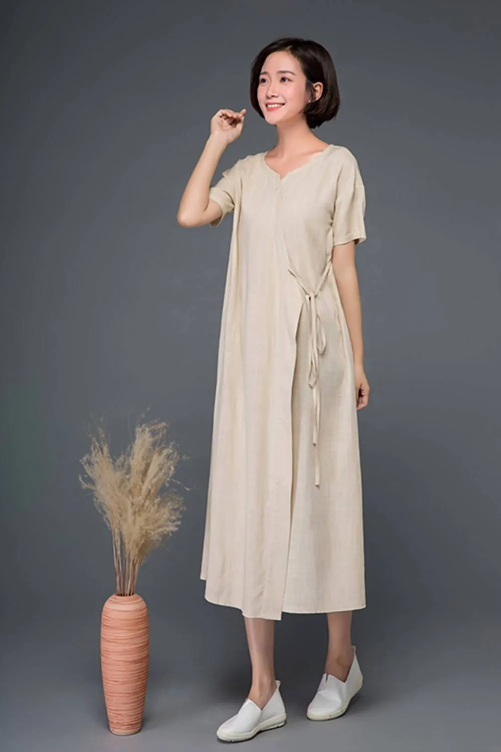 Beige Summer Long Linen Wrap Dress C1163
