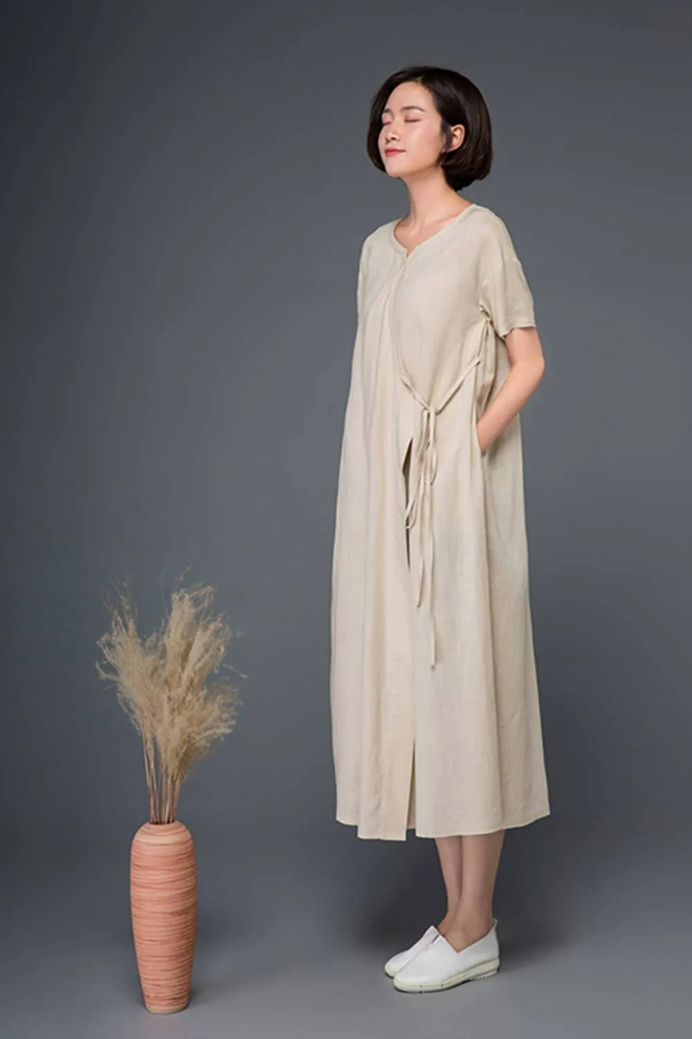 Beige Summer Long Linen Wrap Dress C1163