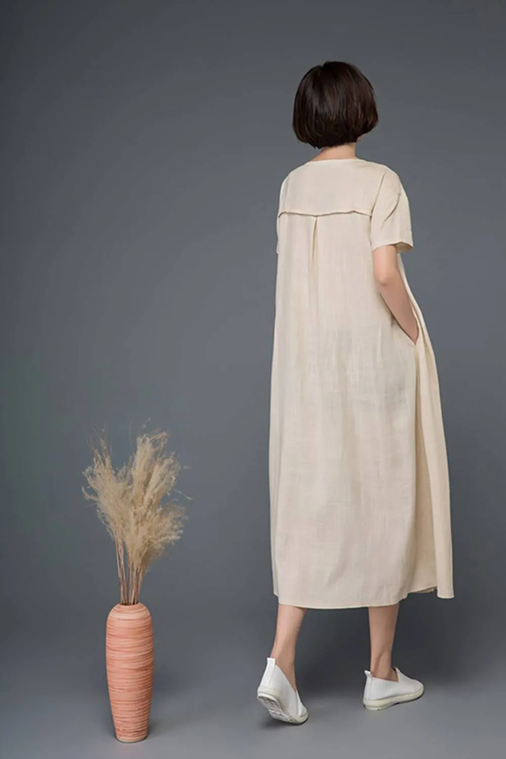 Beige Summer Long Linen Wrap Dress C1163