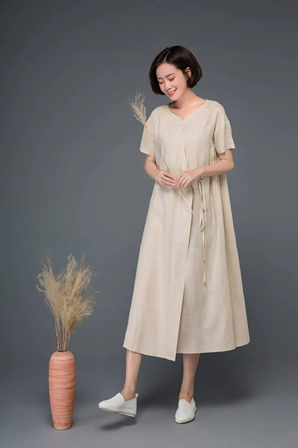 Beige Summer Long Linen Wrap Dress C1163