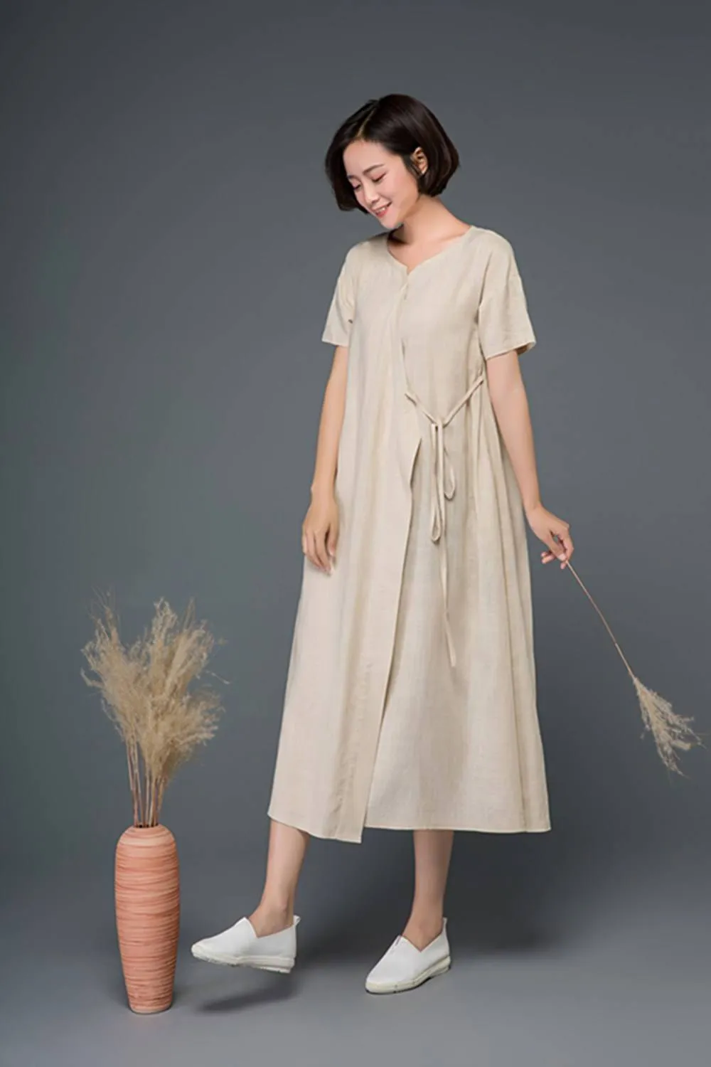 Beige Summer Long Linen Wrap Dress C1163