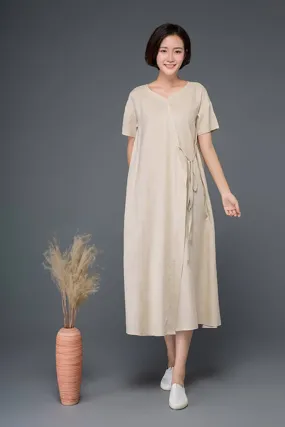 Beige Summer Long Linen Wrap Dress C1163