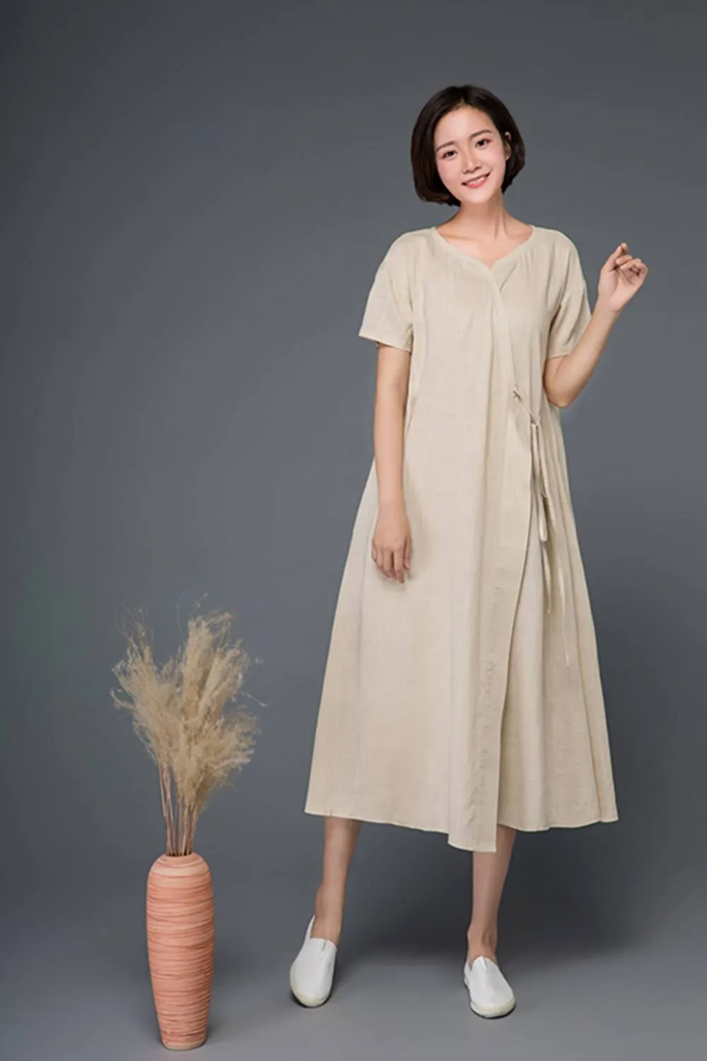 Beige Summer Long Linen Wrap Dress C1163