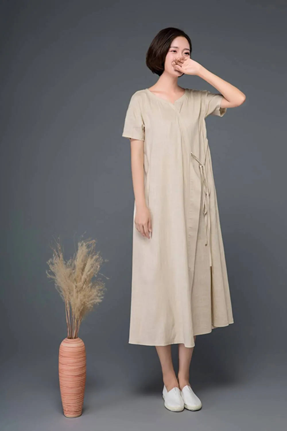 Beige Summer Long Linen Wrap Dress C1163