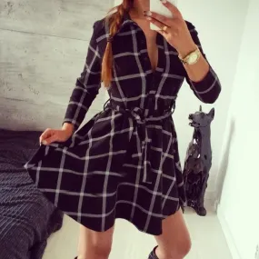 Black And White Plaid Cropped Sleeves Bandage Shirt Dress