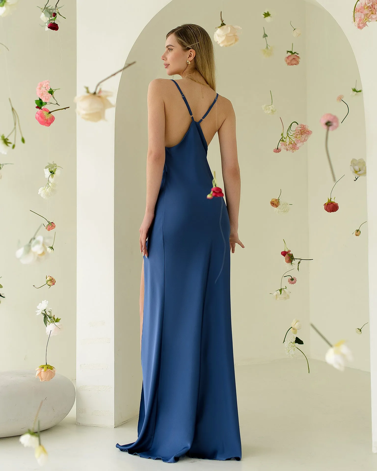 Blue Satin Thigh-Slit Slip Dress