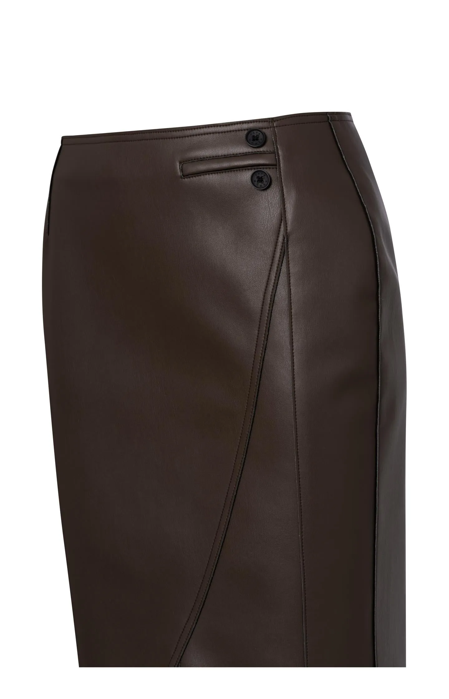 Brown faux leather midi skirt with asymmetric wrap-over