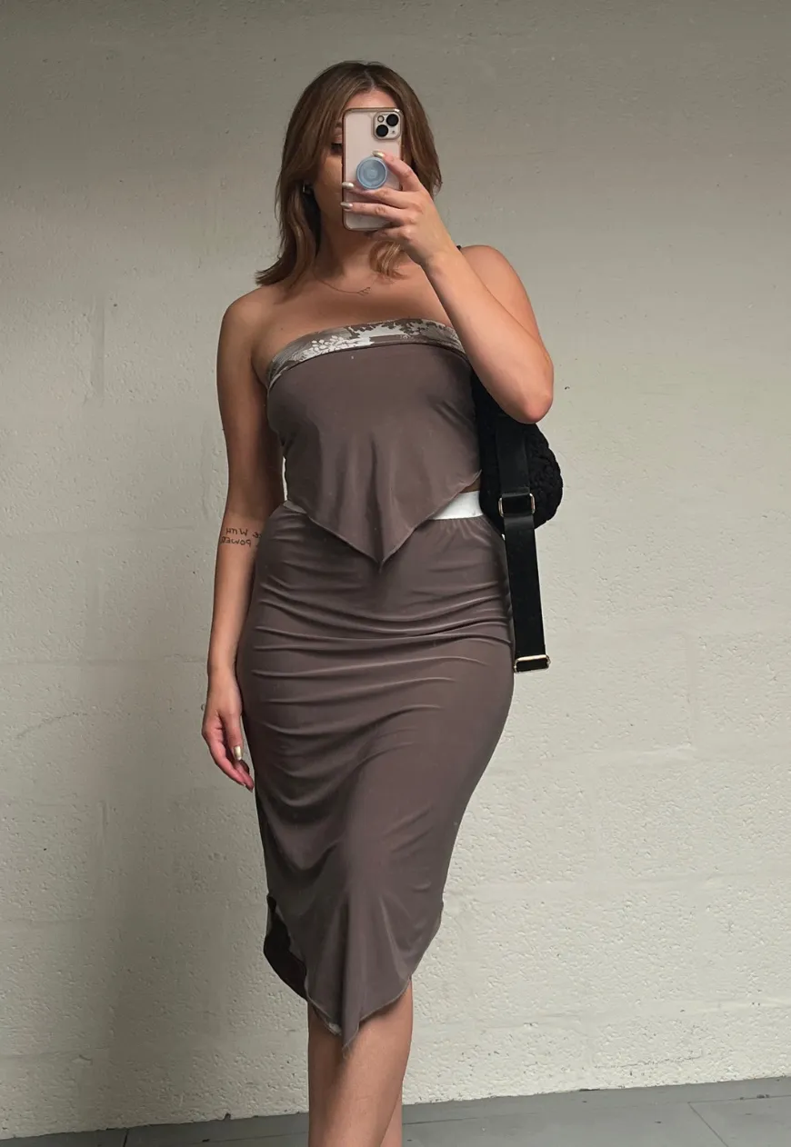 BROWN/FLOWER REVERSIBLE POINTED HEM SKIRT (02)