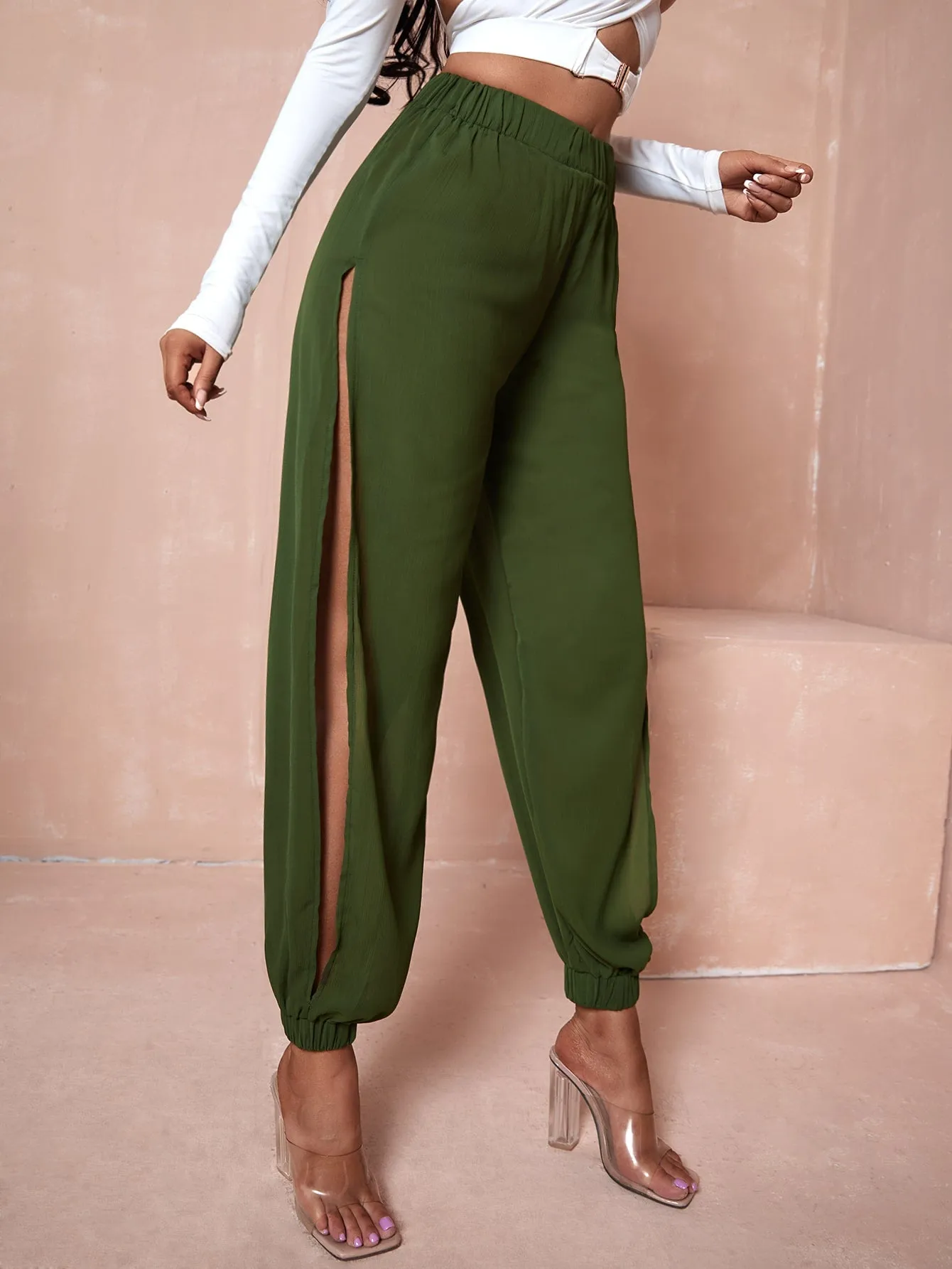 Casual Plain Split Semi-Sheer Natural Long Women Pants
