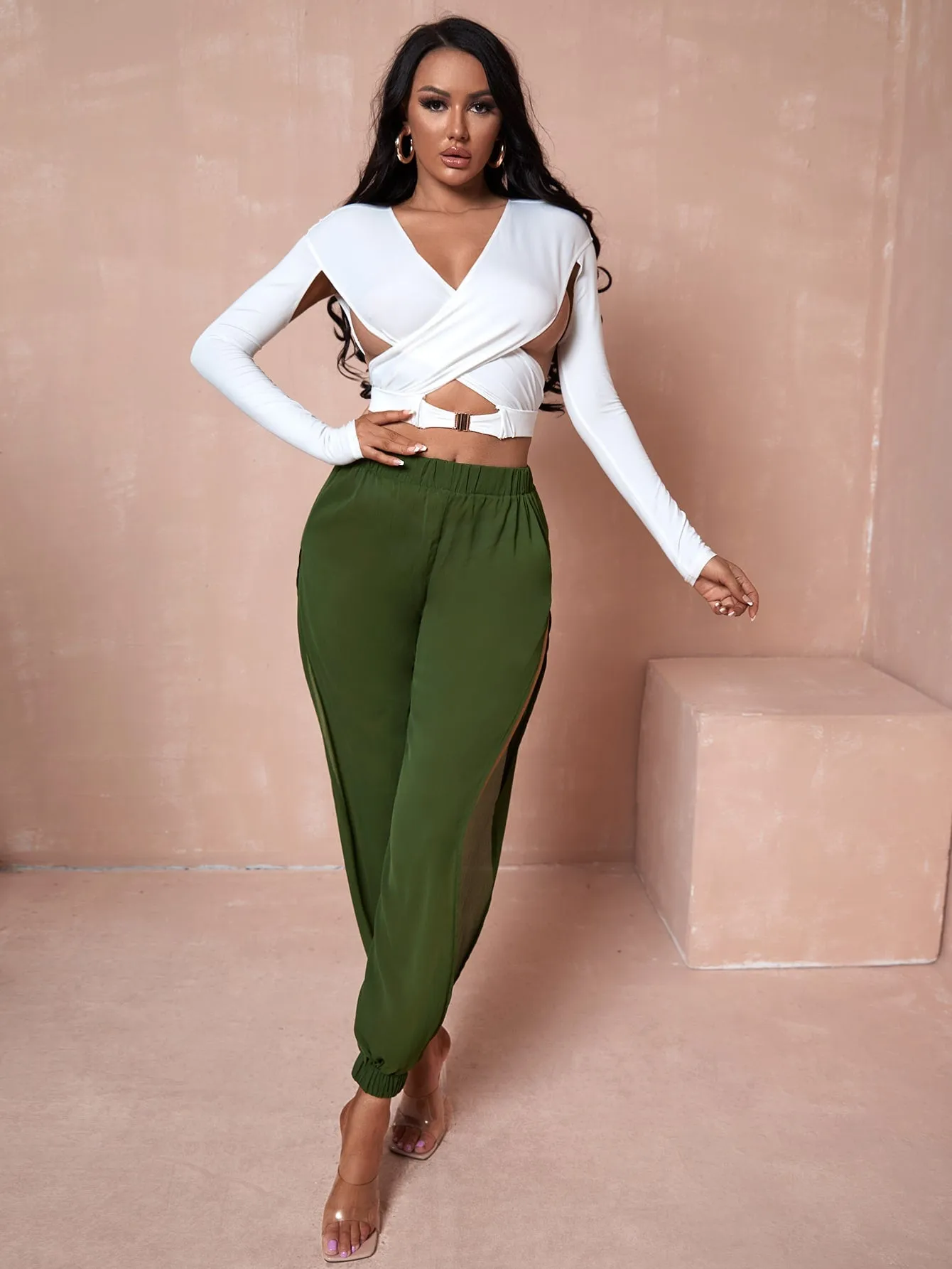 Casual Plain Split Semi-Sheer Natural Long Women Pants