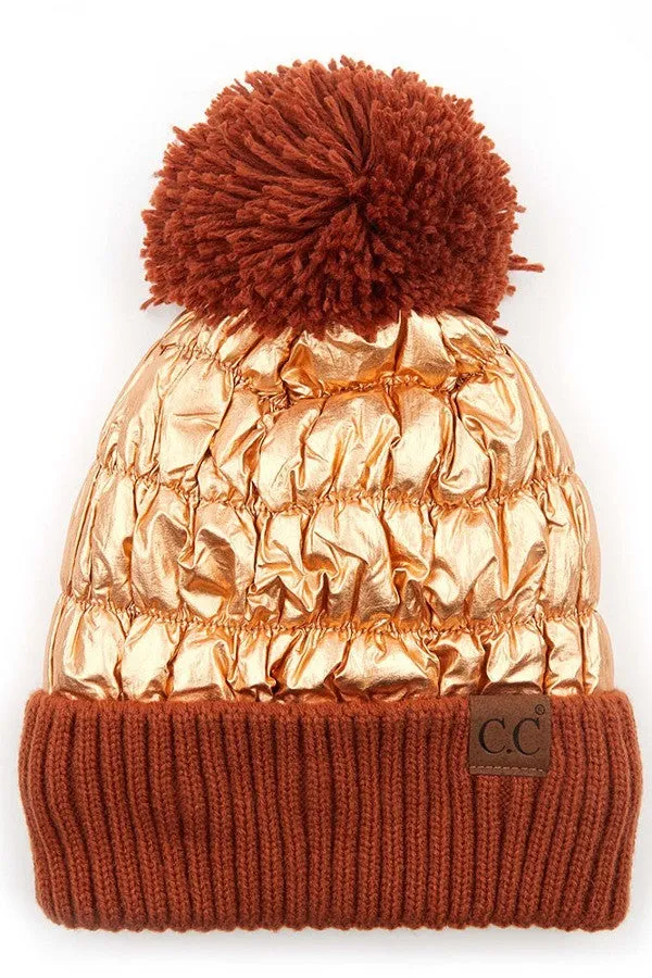 C.C Metallic Beanie with Knit Pom and Cuff - Assorted Colors