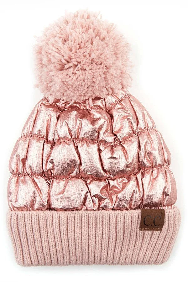 C.C Metallic Beanie with Knit Pom and Cuff - Assorted Colors