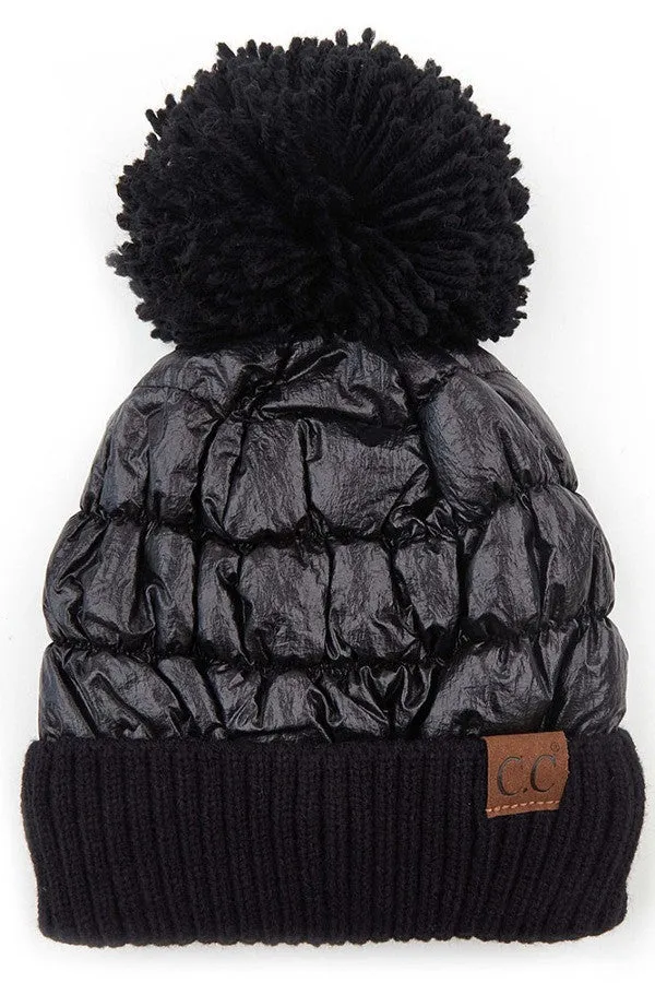 C.C Metallic Beanie with Knit Pom and Cuff - Assorted Colors
