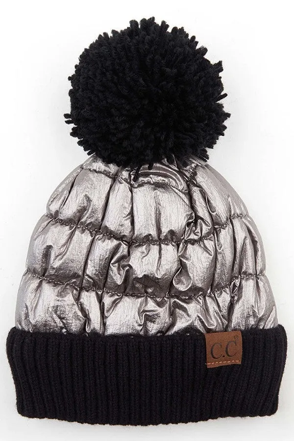 C.C Metallic Beanie with Knit Pom and Cuff - Assorted Colors