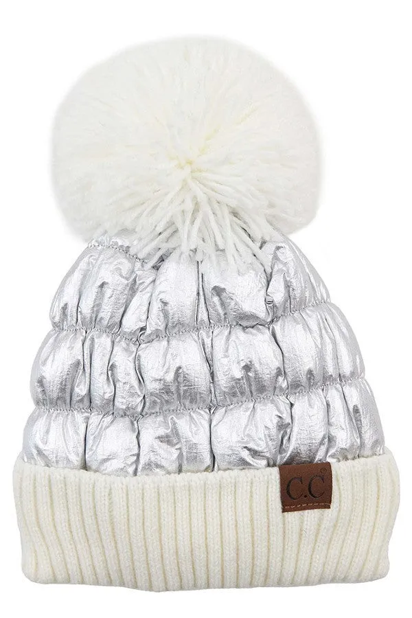 C.C Metallic Beanie with Knit Pom and Cuff - Assorted Colors