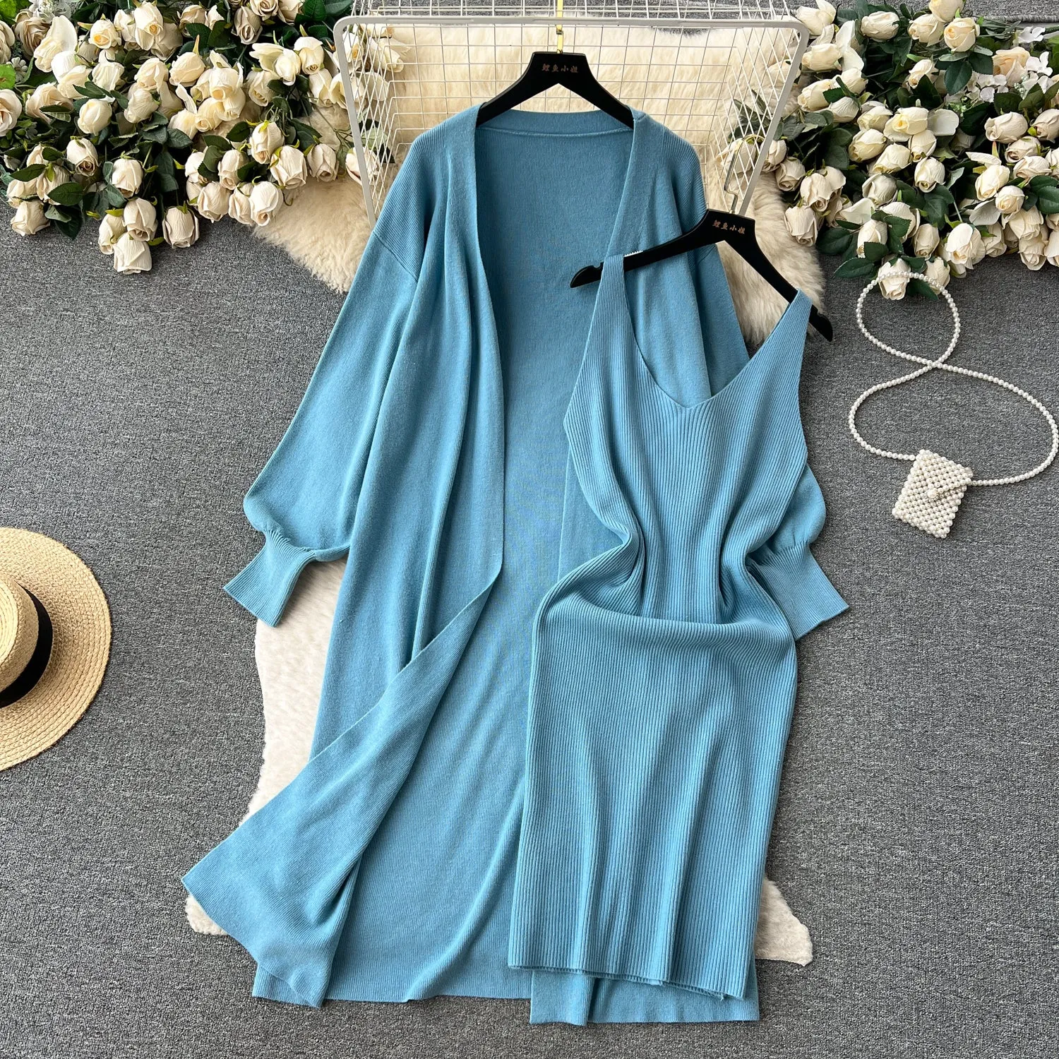Cope Cardigan&Slip Dress Knitted 2Pcs