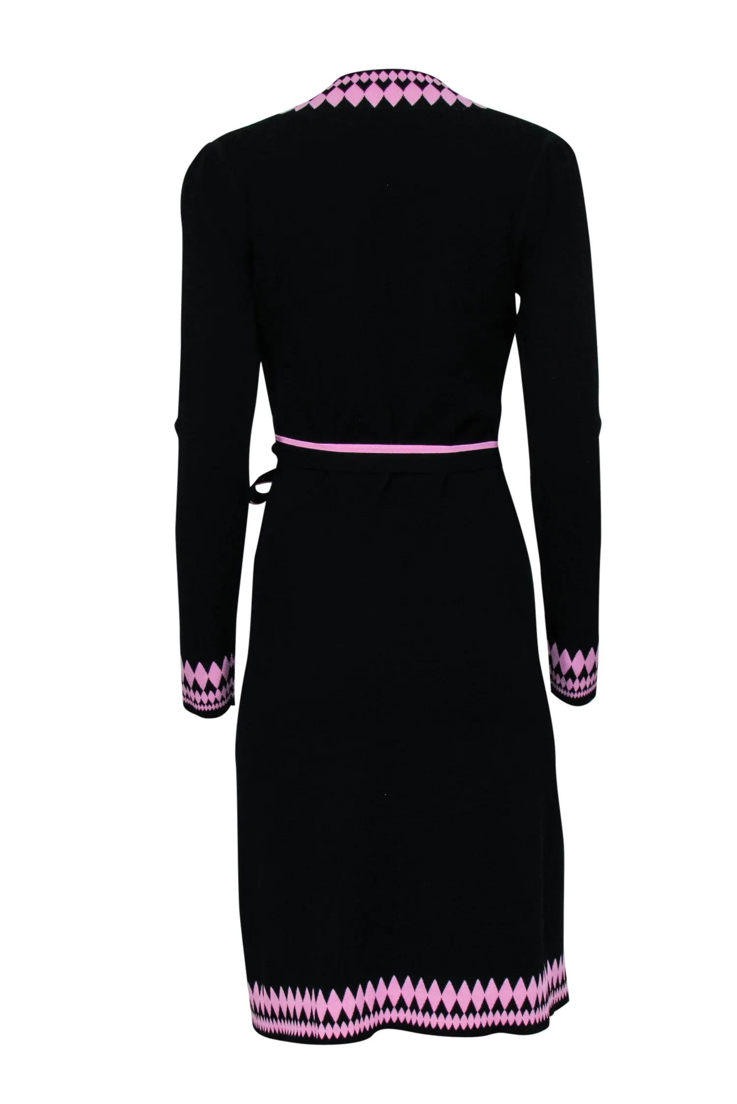 Diane von Furstenberg - Black Knit Wrap Dress w/ Pink Instarsia Trim Sz S