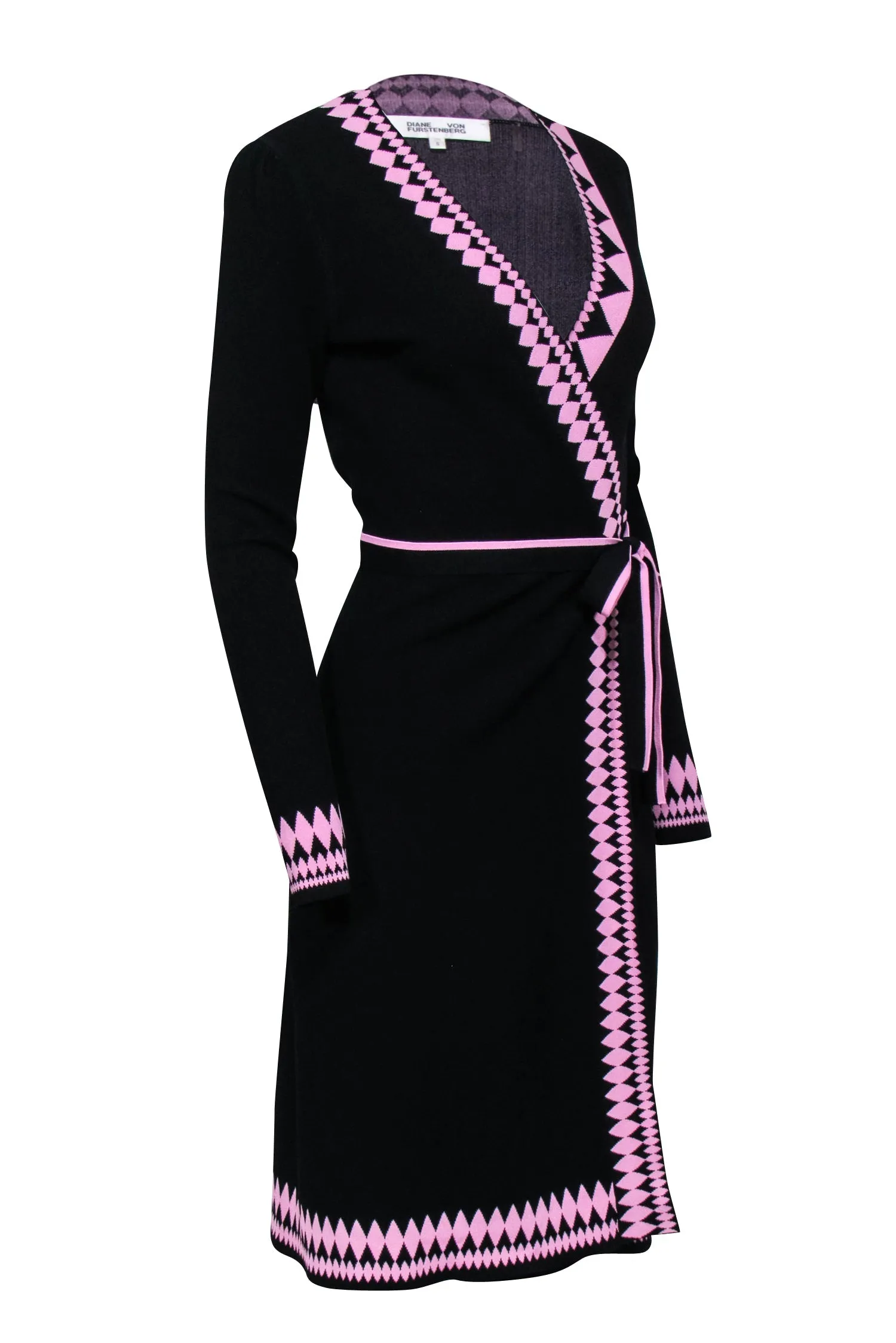 Diane von Furstenberg - Black Knit Wrap Dress w/ Pink Instarsia Trim Sz S