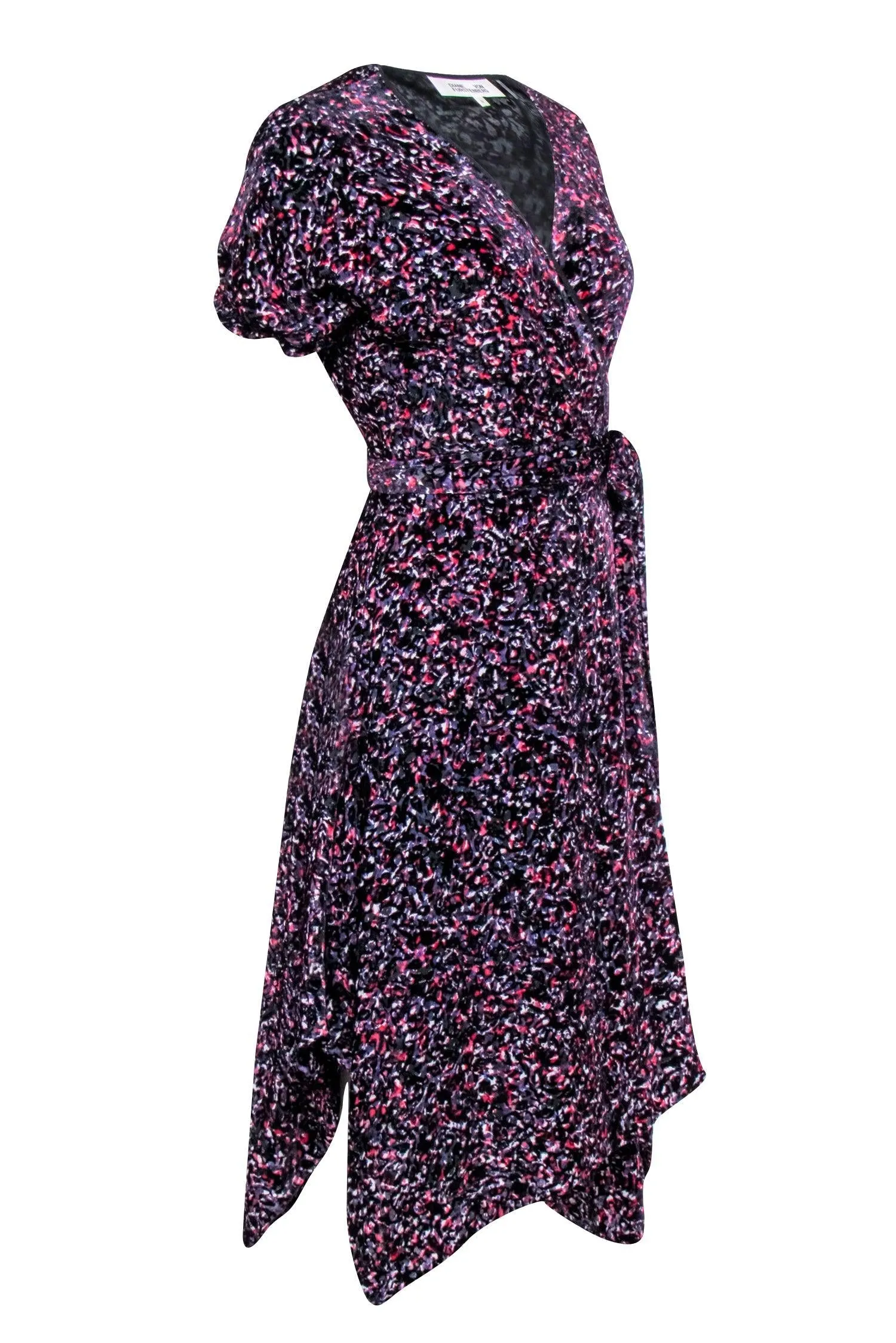 Diane von Furstenberg - Black w/ Pink & Purple Velvet Burn Out Print Dress Sz M