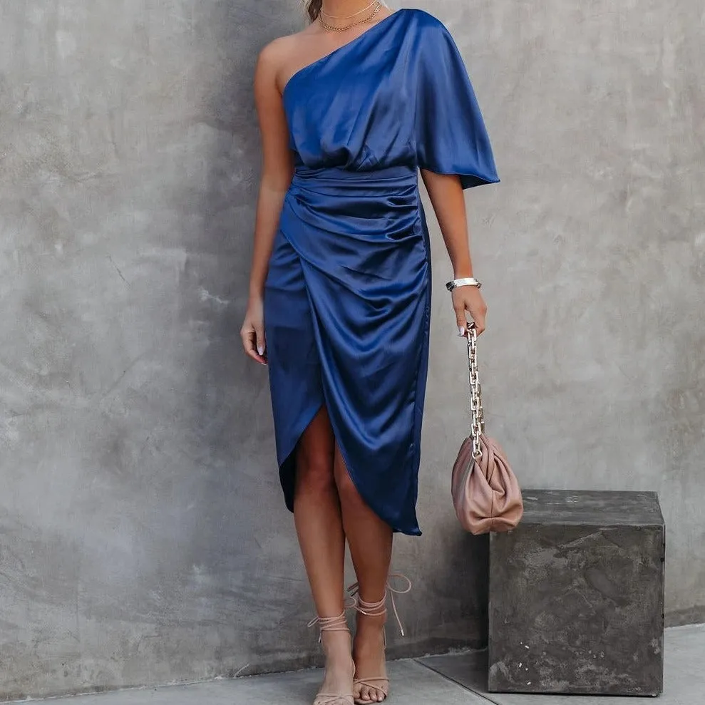 Divine Draping Satin One Shoulder Front Wrap Dress