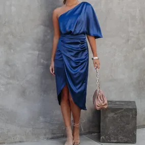 Divine Draping Satin One Shoulder Front Wrap Dress