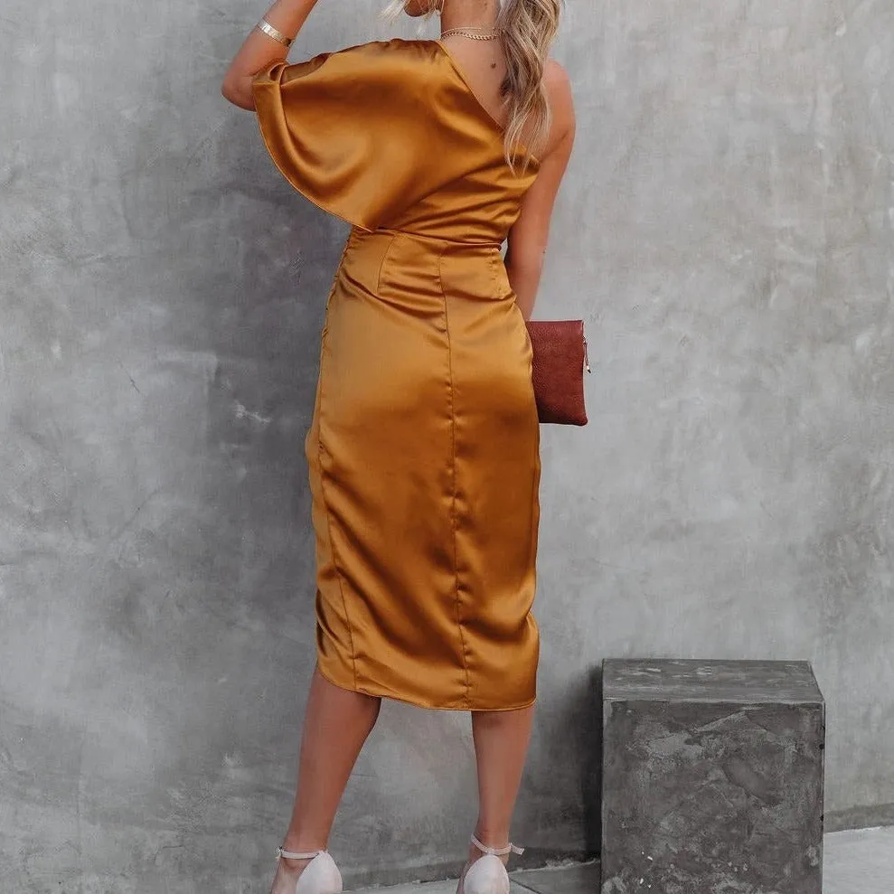 Divine Draping Satin One Shoulder Front Wrap Dress