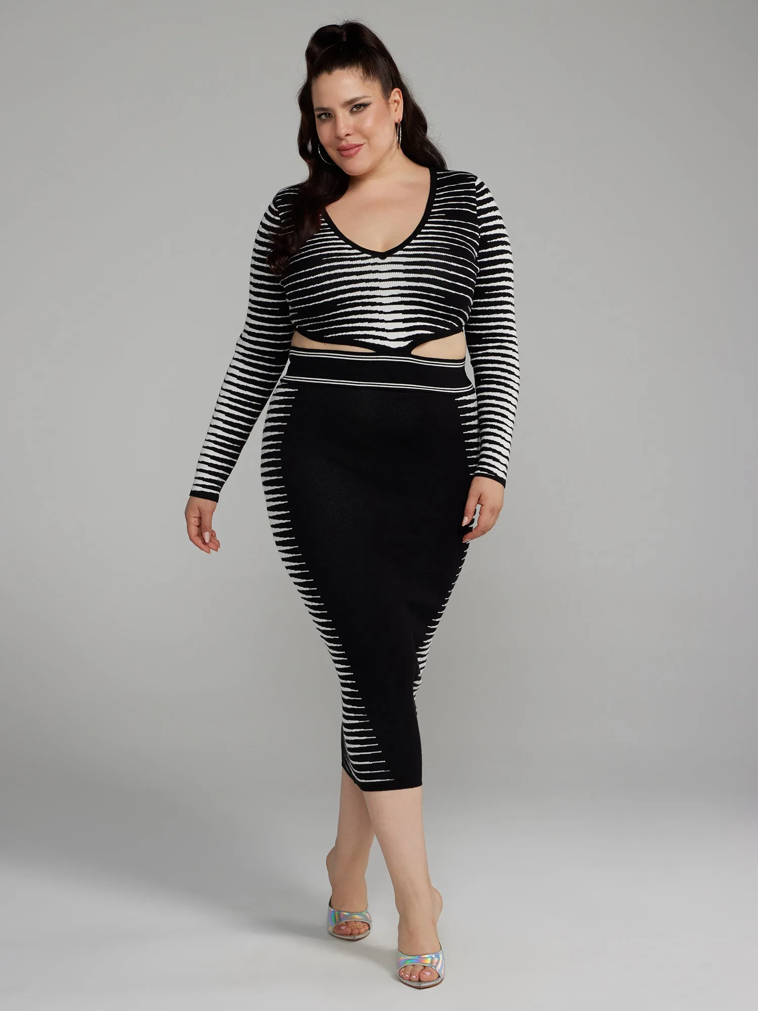 Fashion To Figure - Illusion Print Waist Cut-Out Sweater