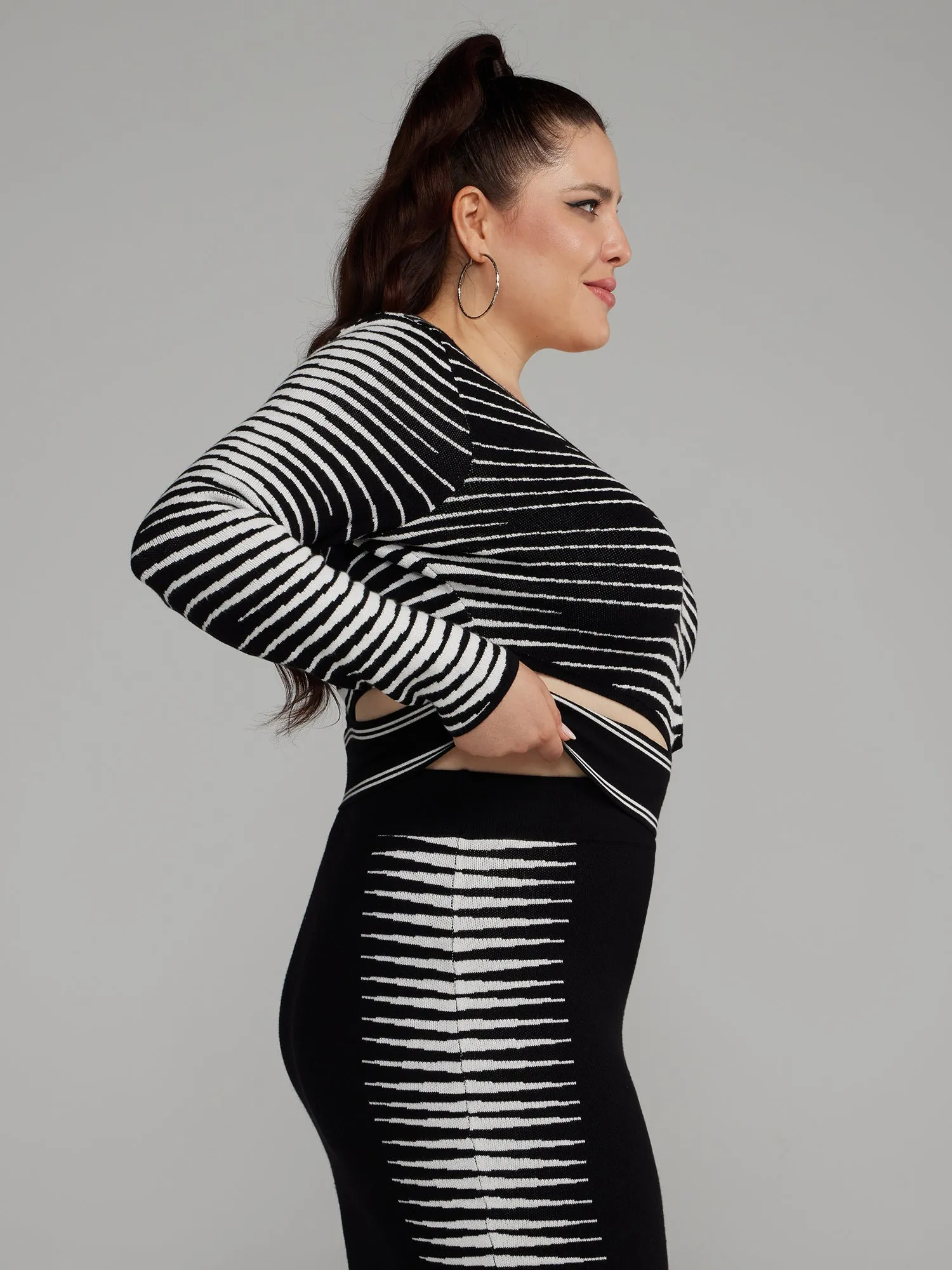 Fashion To Figure - Illusion Print Waist Cut-Out Sweater