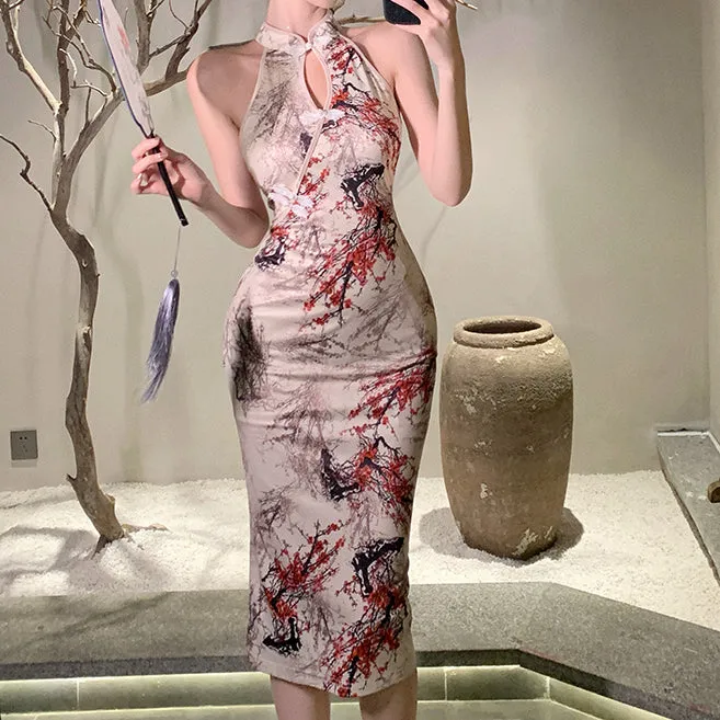 Hollow Sleeveless Slit National Style Qipao Dress