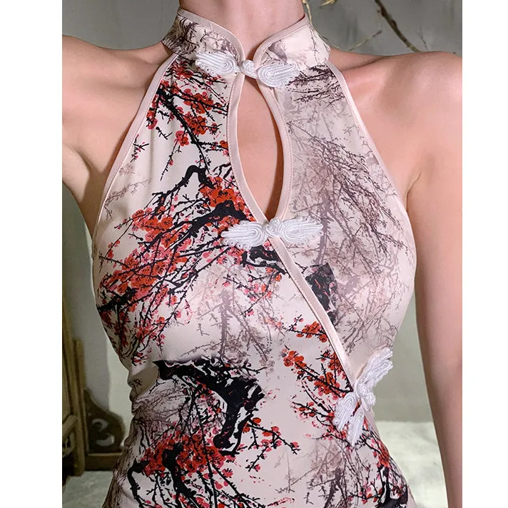 Hollow Sleeveless Slit National Style Qipao Dress