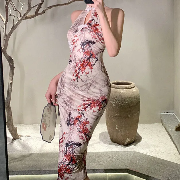 Hollow Sleeveless Slit National Style Qipao Dress
