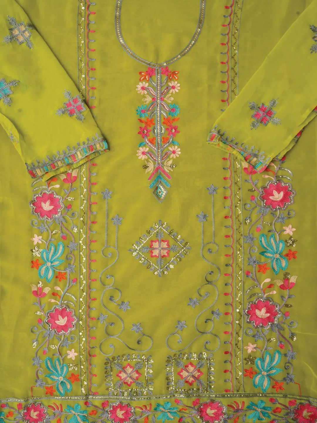 Light Green Sequin Embroidered Silk Georgette Dress Material with Dupatta