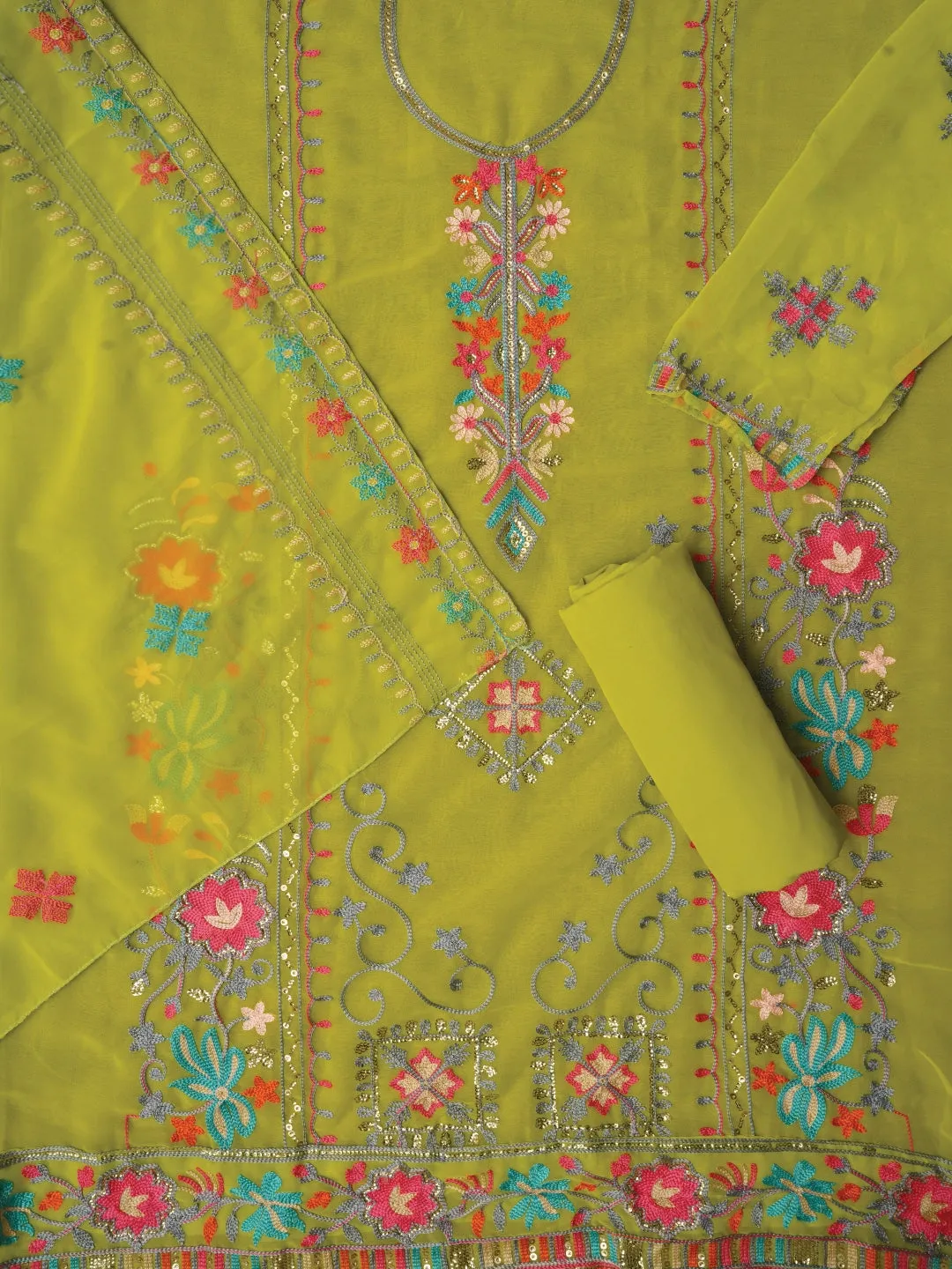 Light Green Sequin Embroidered Silk Georgette Dress Material with Dupatta