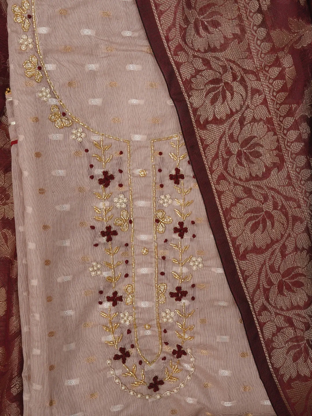 Light Purple Unstitched Silk Blend Embellished Dress Material With Dupatta