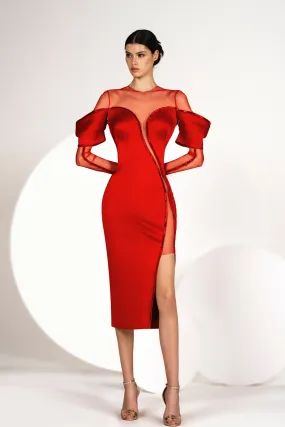 Long-Sleeved Crepe and Tulle Midi Dress