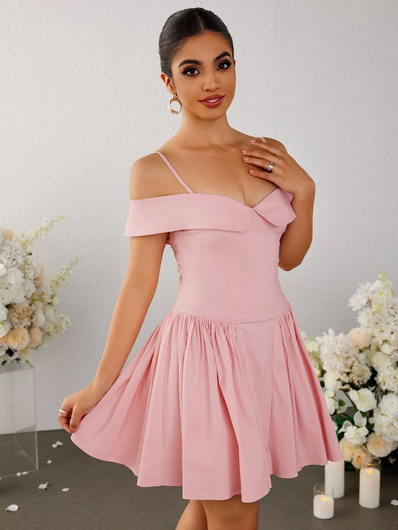 Off Shoulder Ruched Pleated Dress