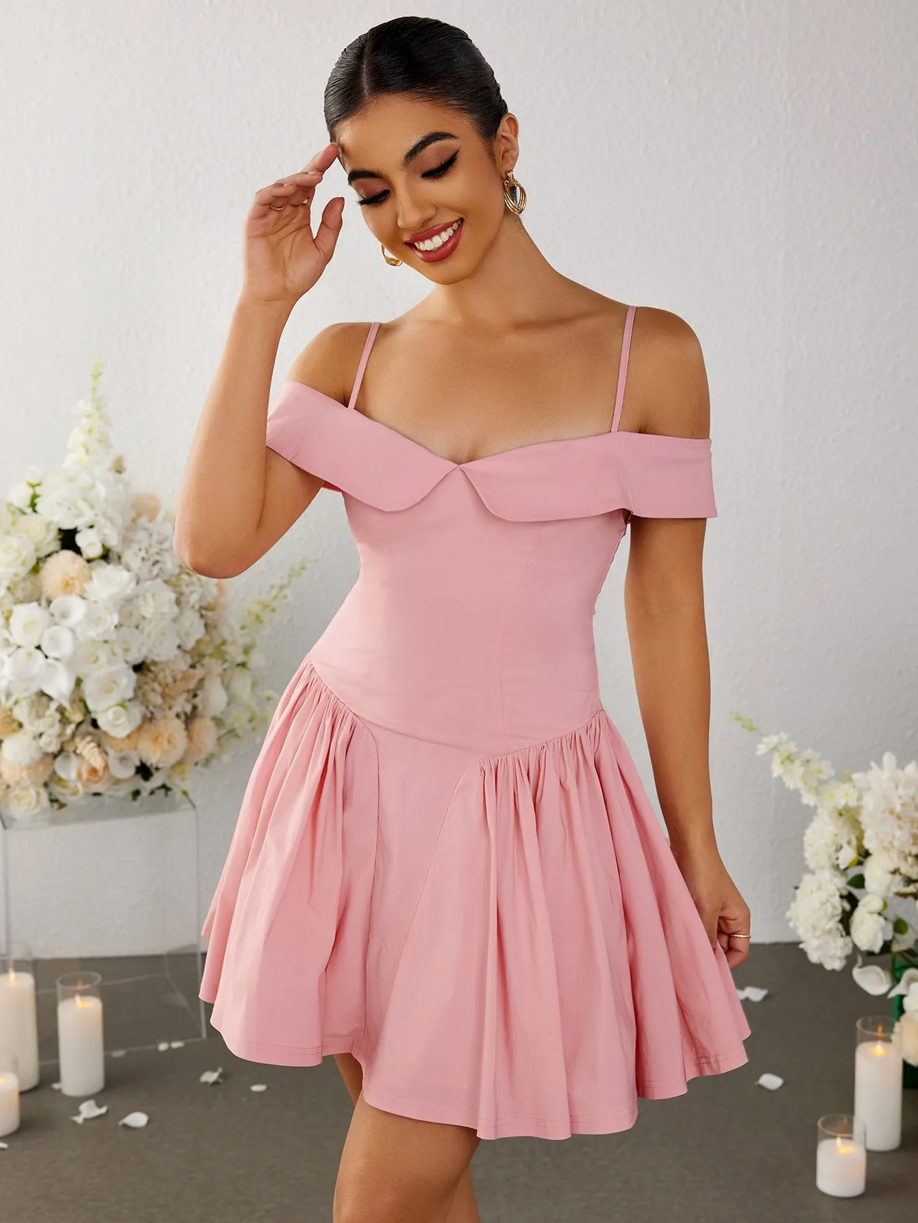 Off Shoulder Ruched Pleated Dress