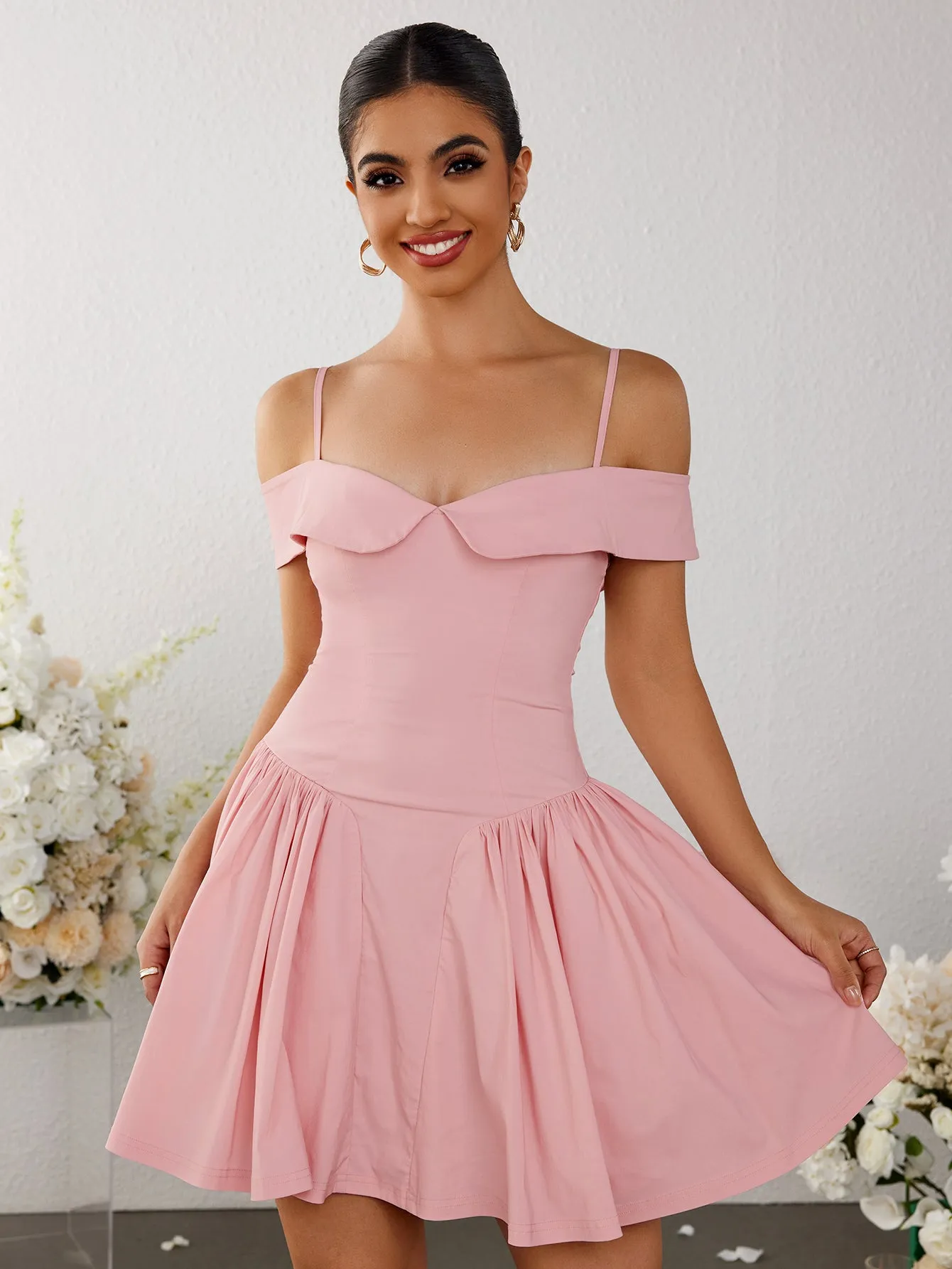 Off Shoulder Ruched Pleated Dress