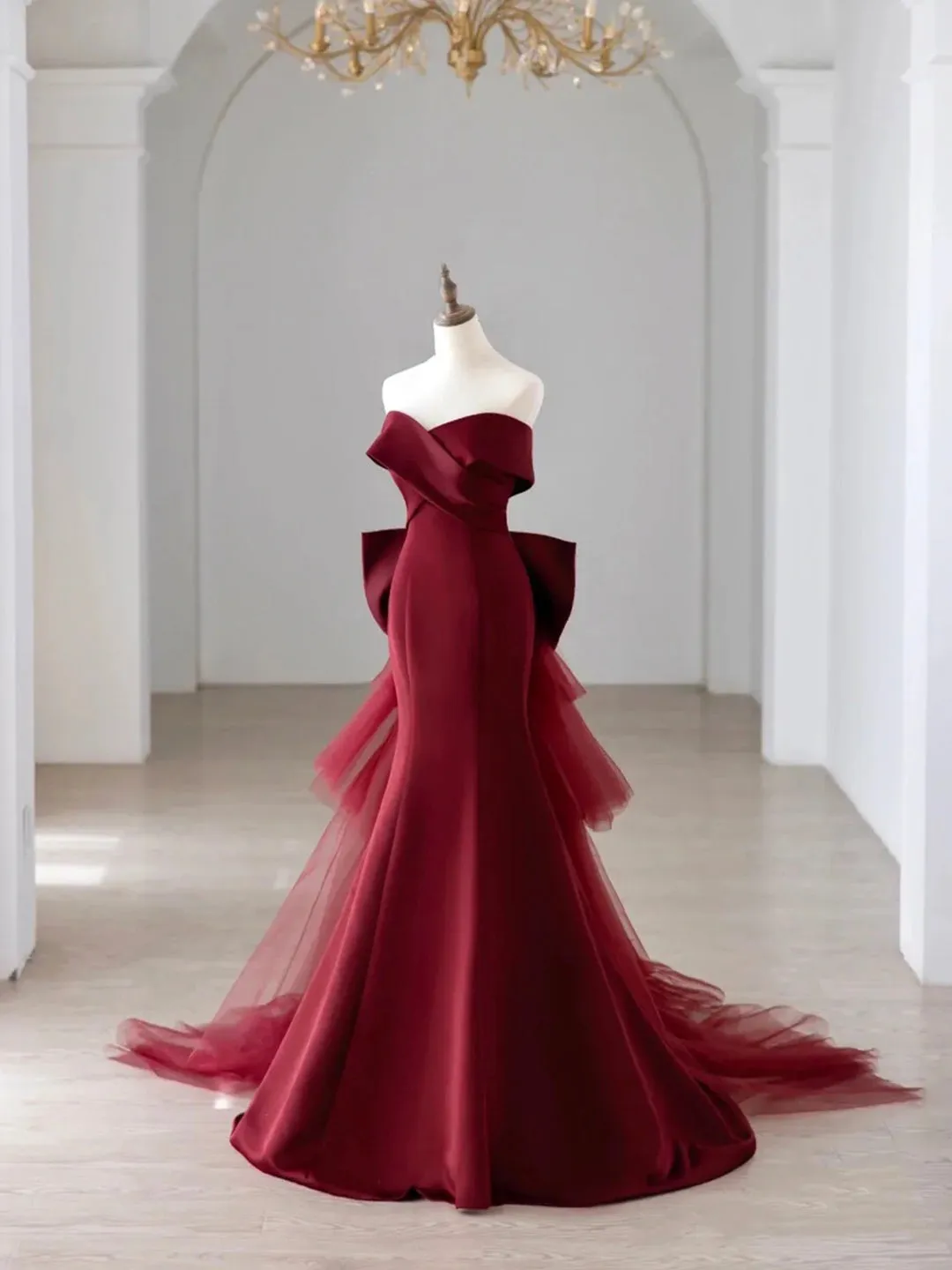 Off the Shoulder Floor Length Satin Prom Dress, Mermaid V-Neck Evening Party Dress
