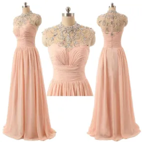 Pink Long Rhinestone Illusion Neck Chiffon Prom Dress | Evening Dress