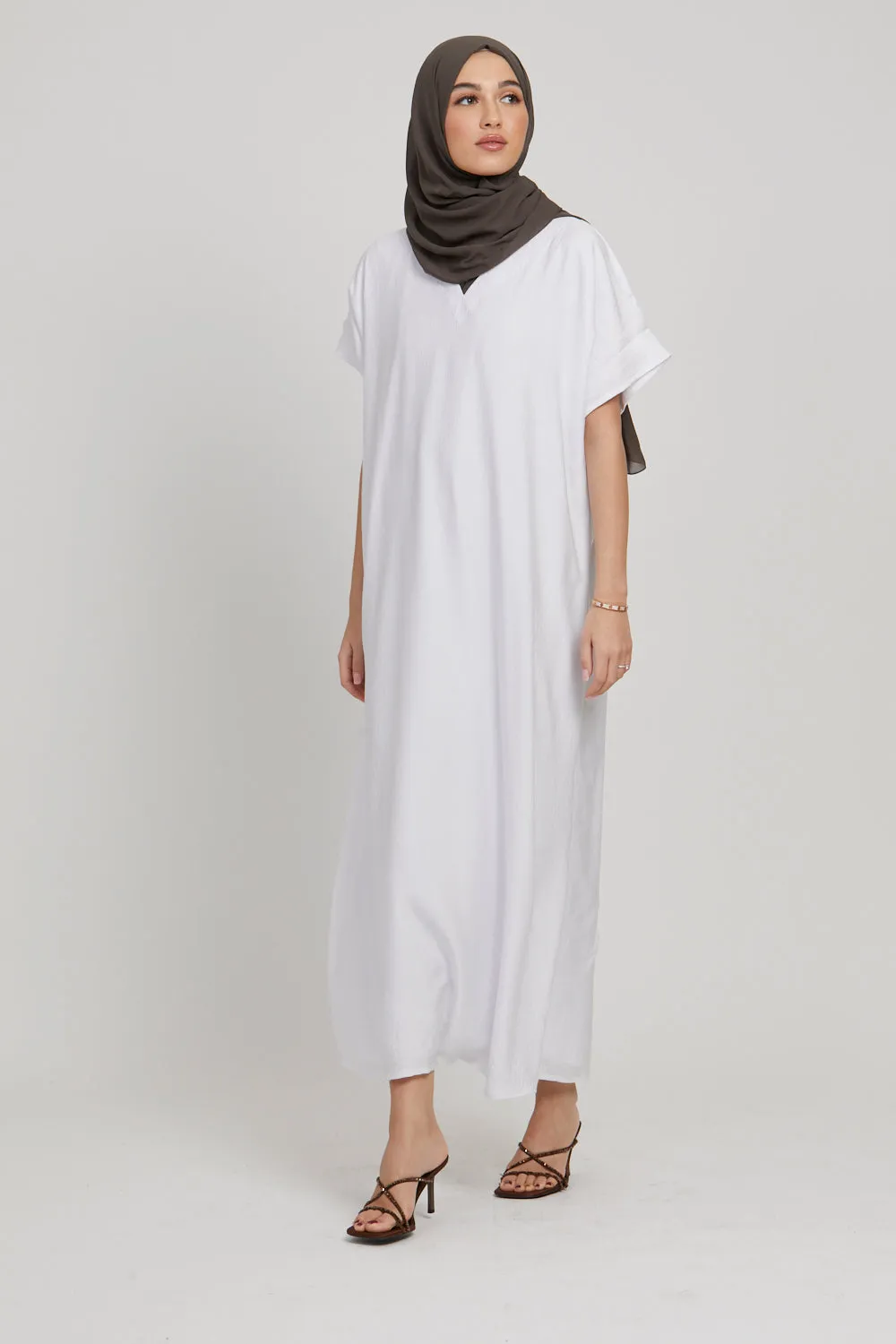 Premium Soft Sheen Crush Inner Slip Dress - White - WITH LINING