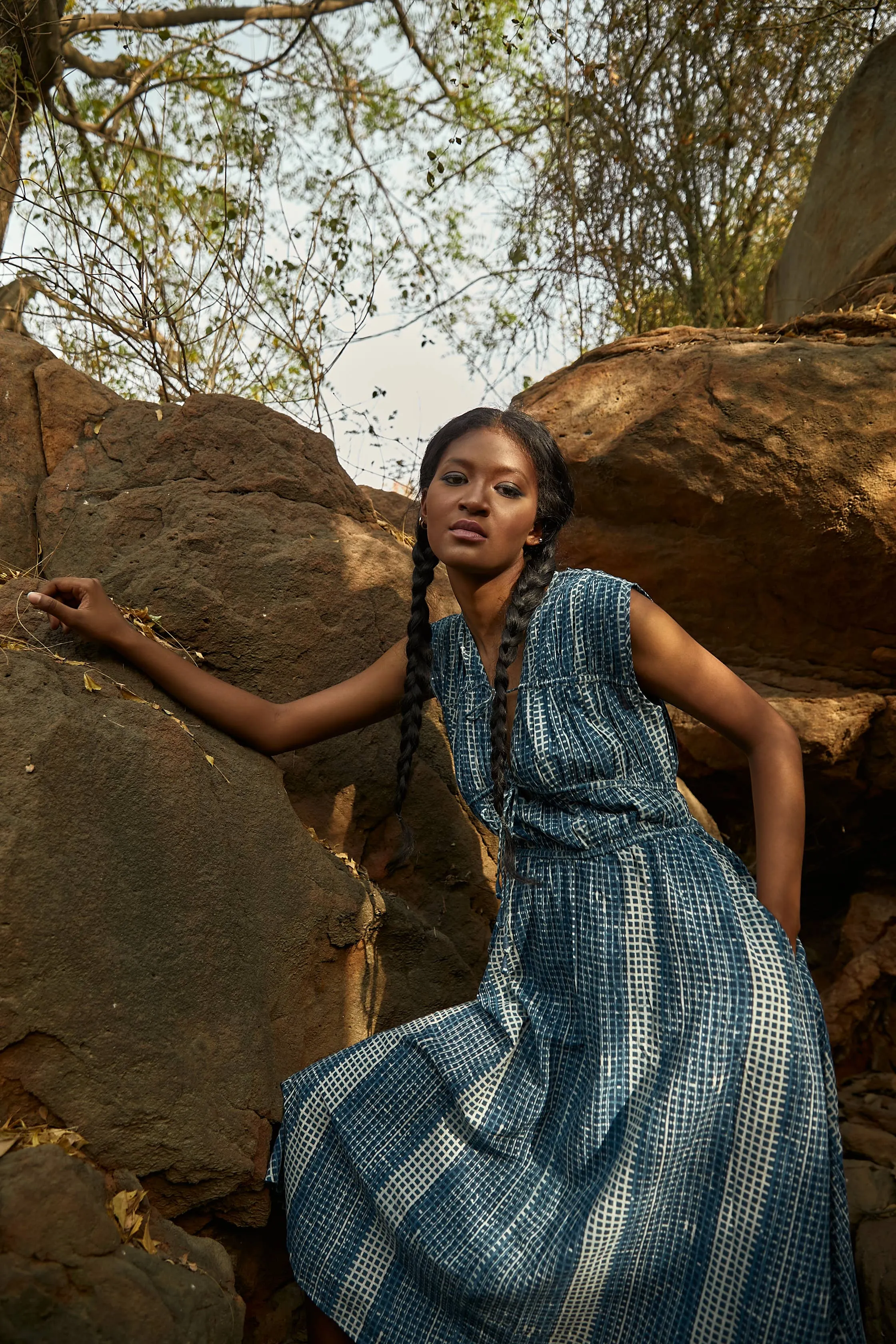 Rhea Dress - Indigo Check Print