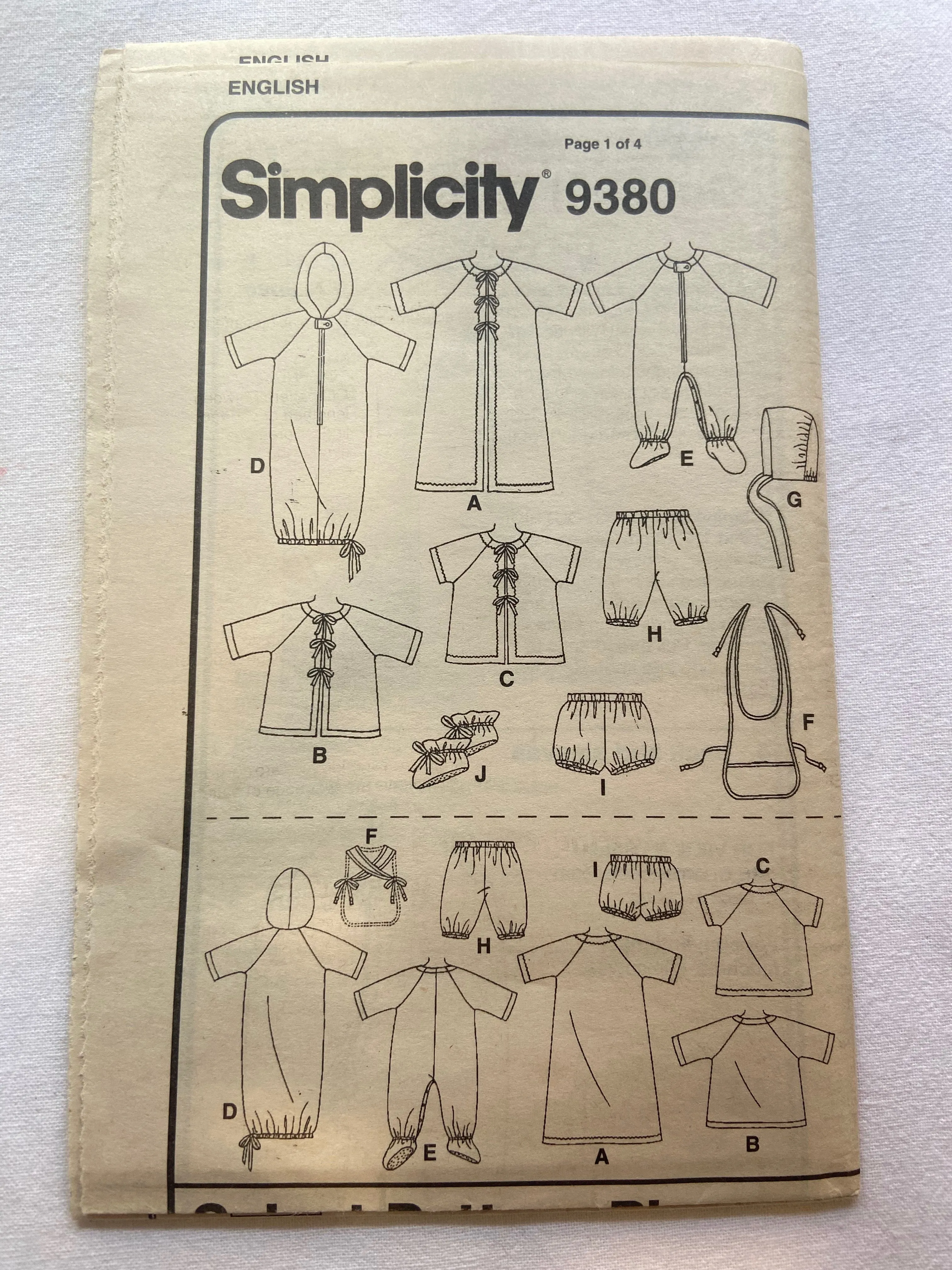 Simplicity 9380 Pattern PARTIALLY CUT Infants' Layette Robe, Bub, Bonnet, Booties, Shorts - 47