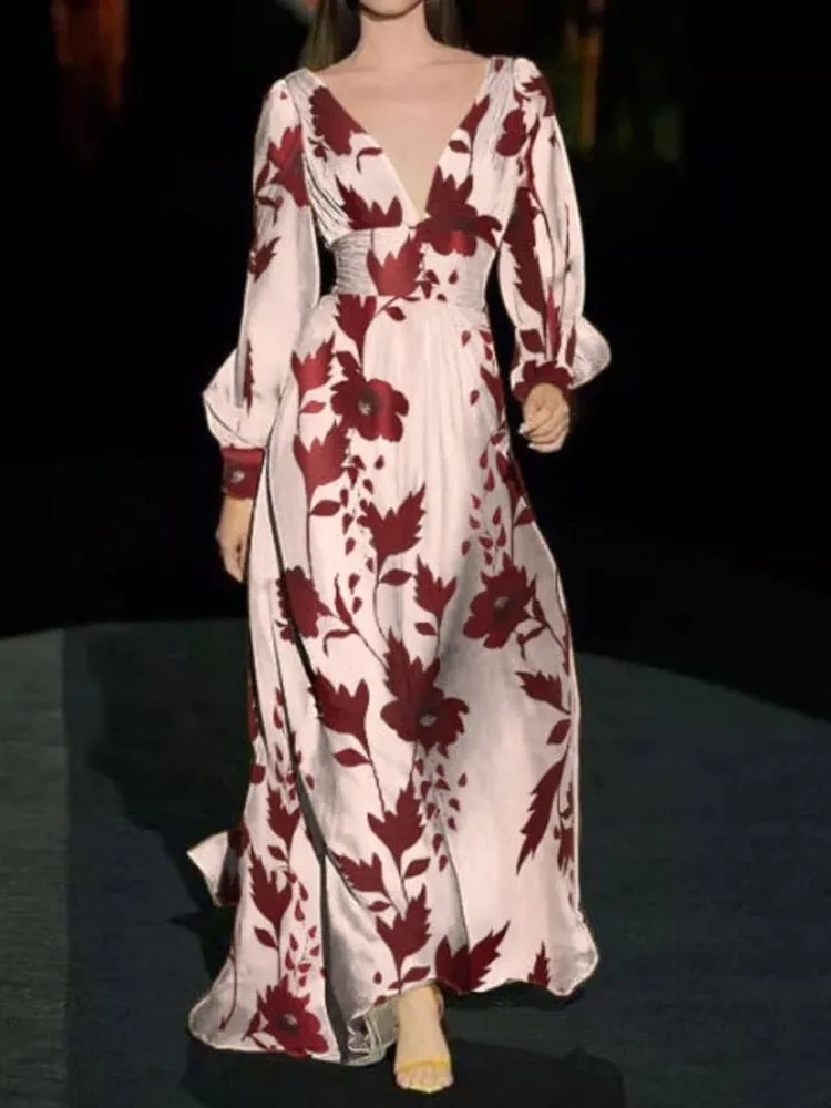 Spring Summer New Temperament V-neck Sexy Dress Fashionable Celebrity Swing Waist Llong Sleeve Dresses Luxury Woman Party Dress
