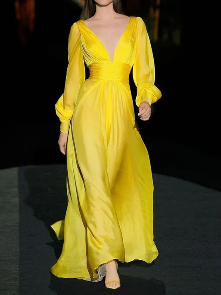 Spring Summer New Temperament V-neck Sexy Dress Fashionable Celebrity Swing Waist Llong Sleeve Dresses Luxury Woman Party Dress